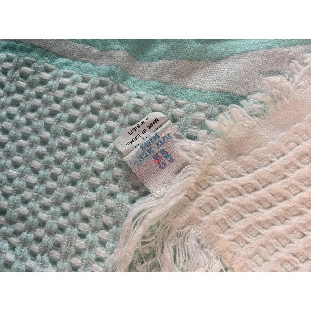 Vintage Kay-Bee Kids Acrylic Baby Blanket, Teal White Teddy Bears Fringe 40